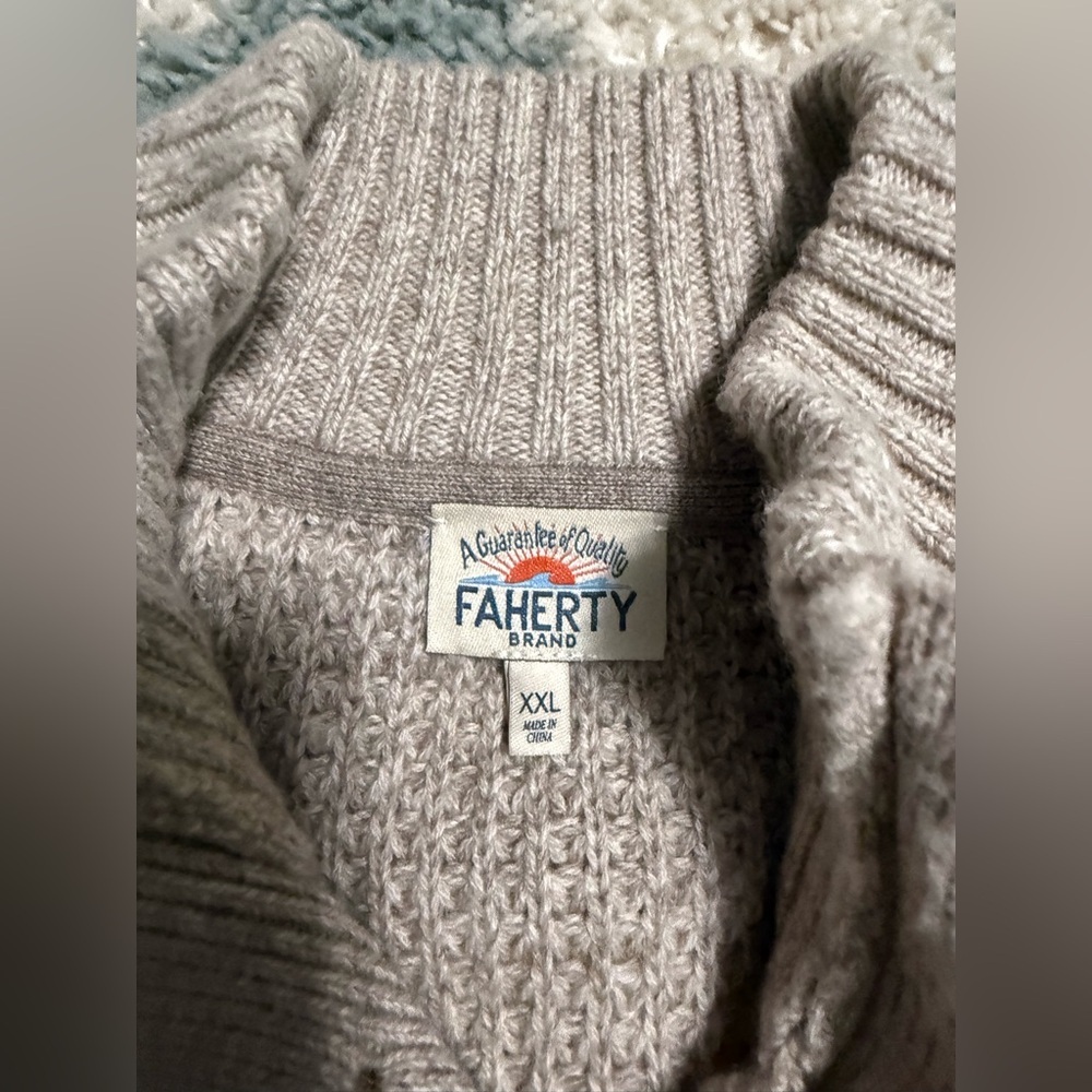 FAHERTY men's cashmere wool quarter button sweater in oatmeal marl tan Size XXL - Picture 11 of 14